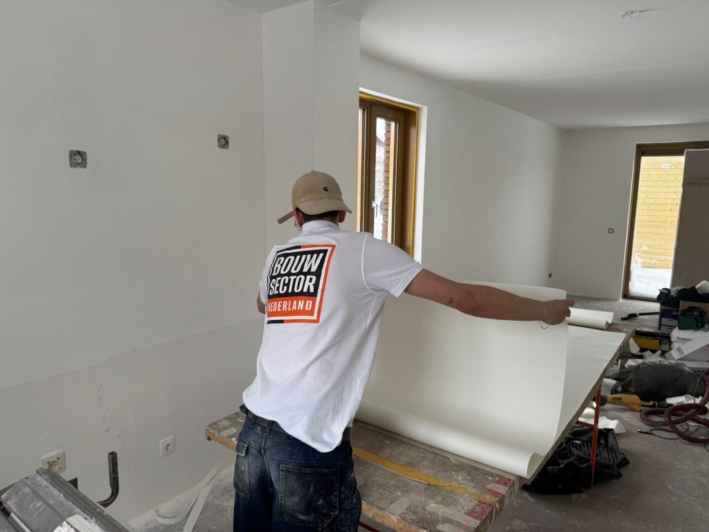 Behanger van Bouwsector Nederland legt een baan renovlies klaar op de plaktafel in een kale woonkamer